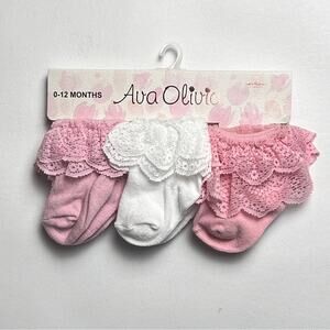 Ava Olivia Three Pairs Baby Ankle Socks With Lace Accessories Sz 0-12M